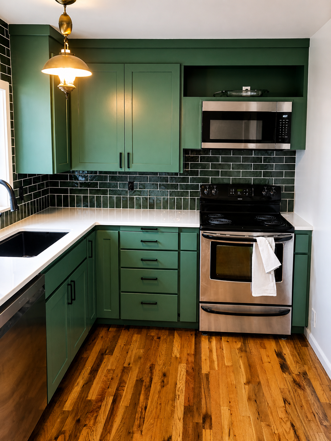 Completed: Green cabinetry and an over-the-range microwave give the kitchen a cohesive new look.