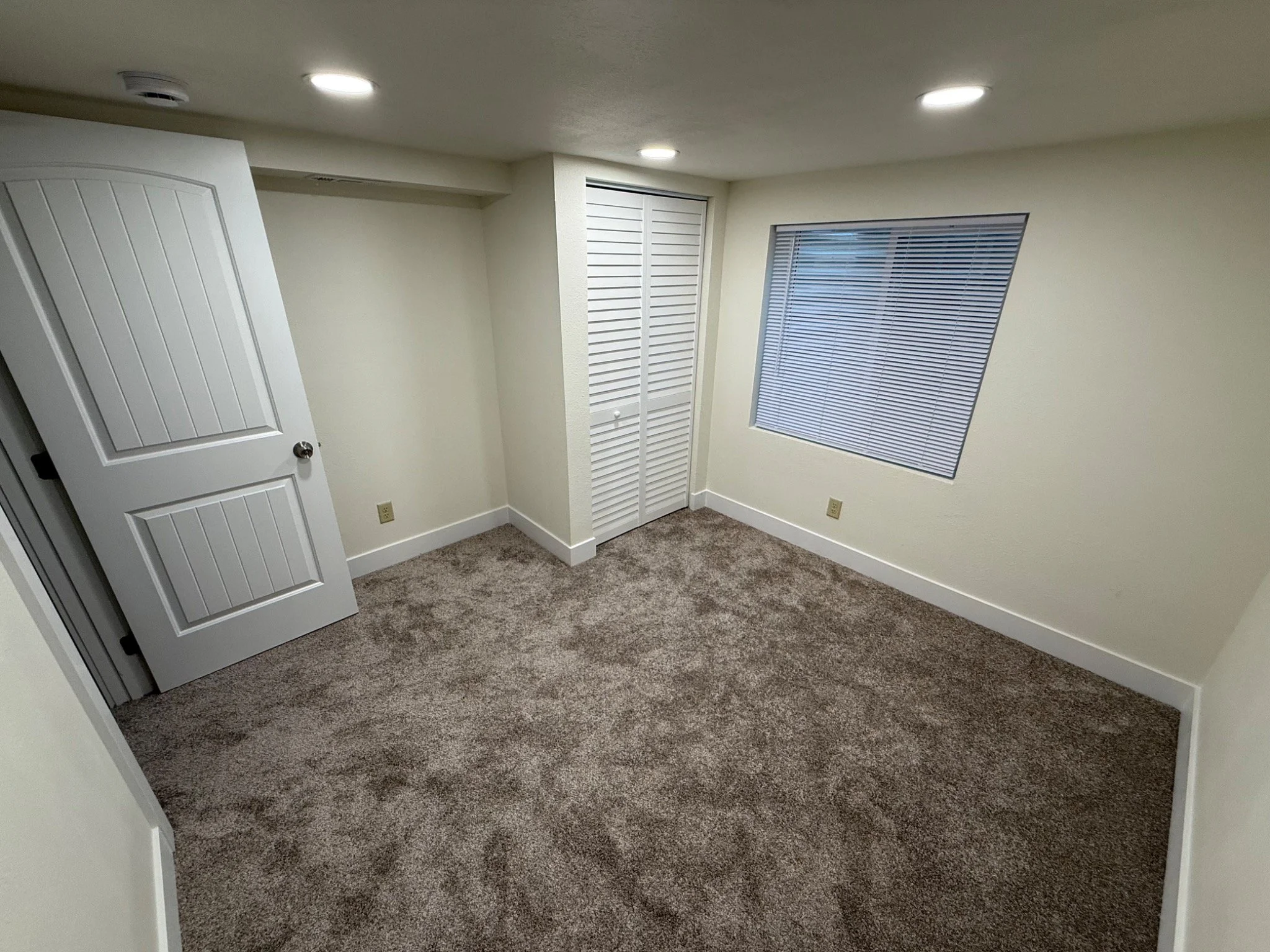 Finished basement room with new interior door, carpet, and trim.