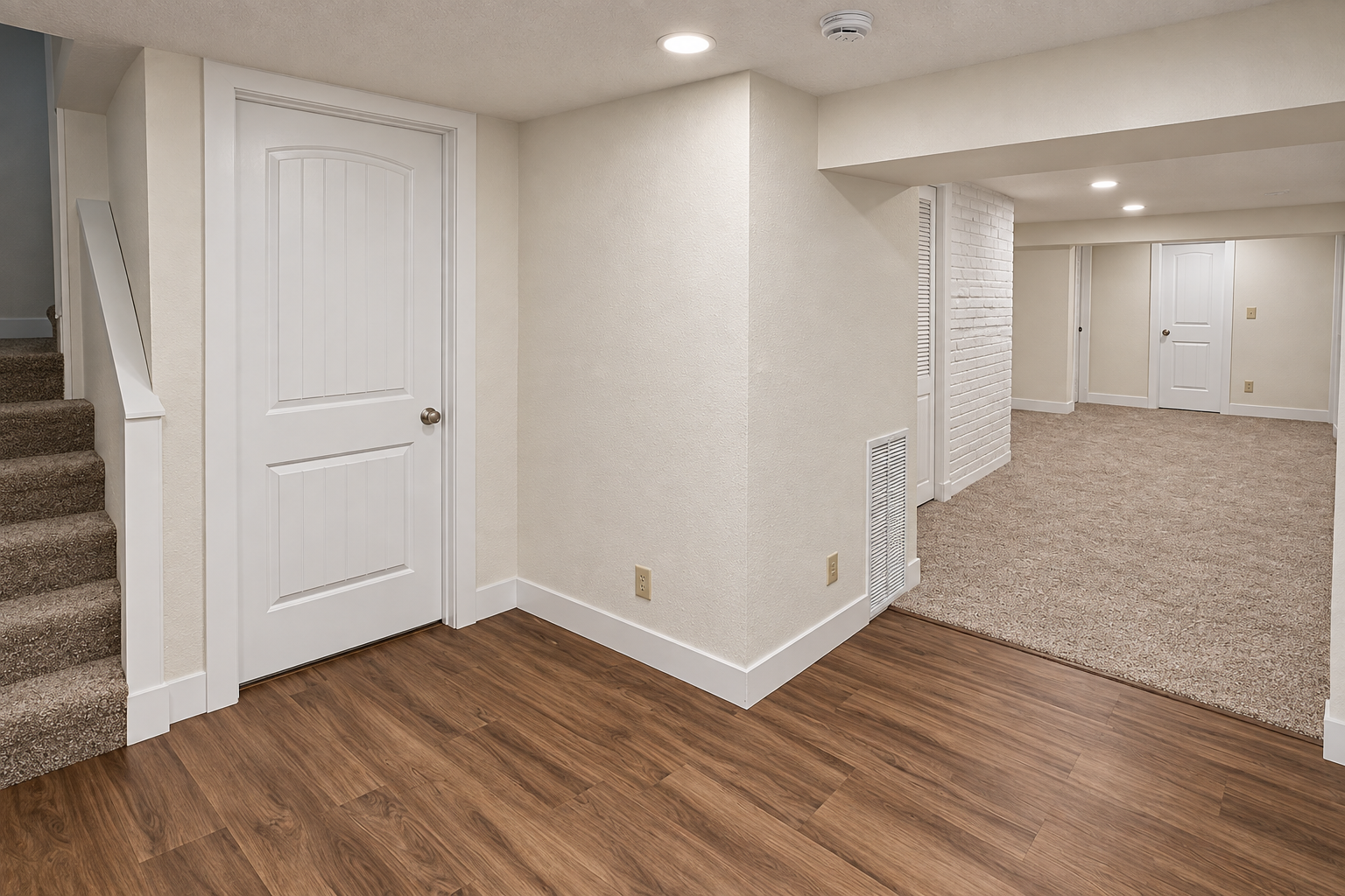 Flood-damaged basement rebuilt with new walls, doors, trim, carpet, and LVP flooring in Laramie, Wyoming.