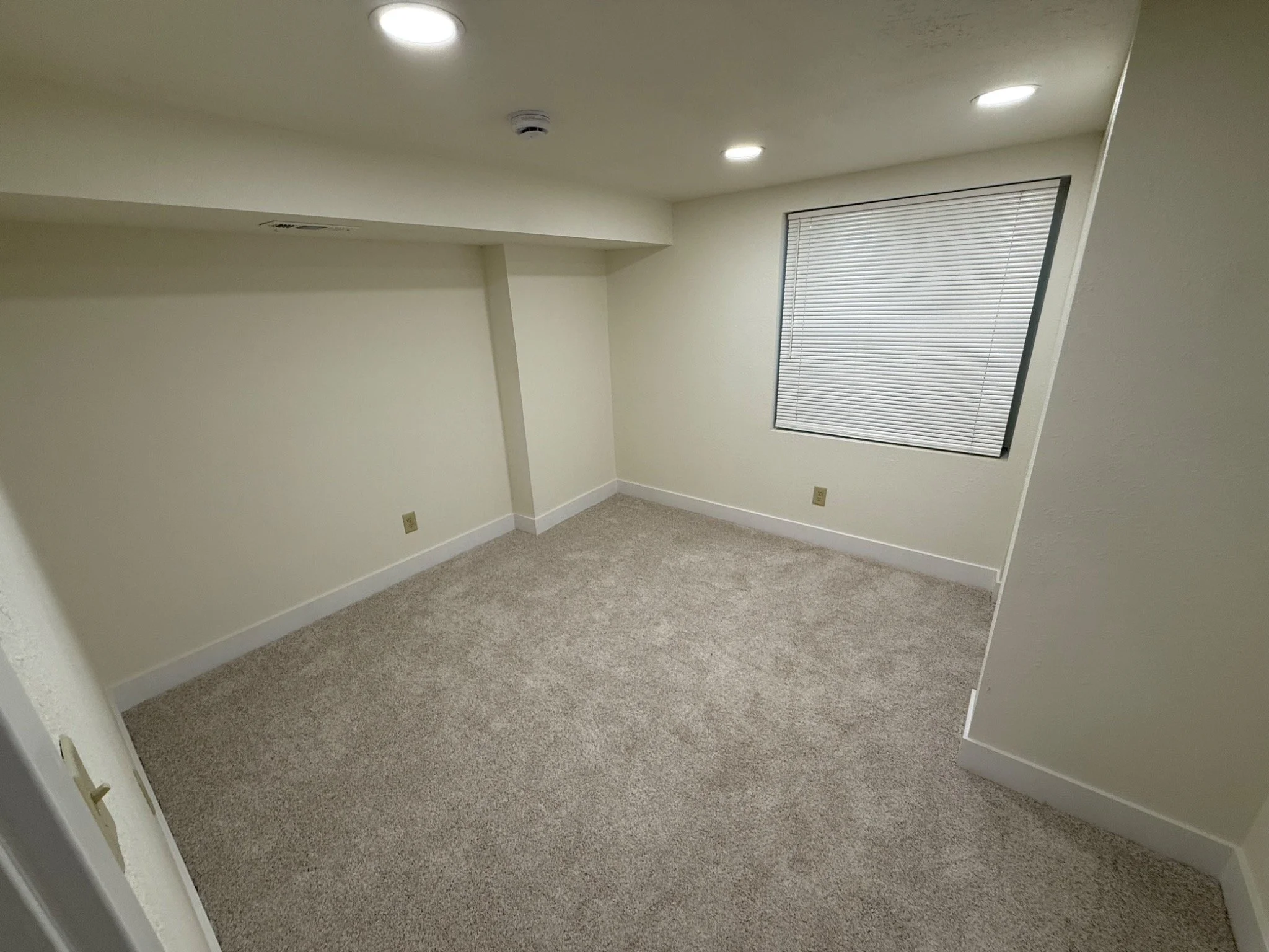 Renewed basement room with new carpet, drywall, paint, and baseboards.