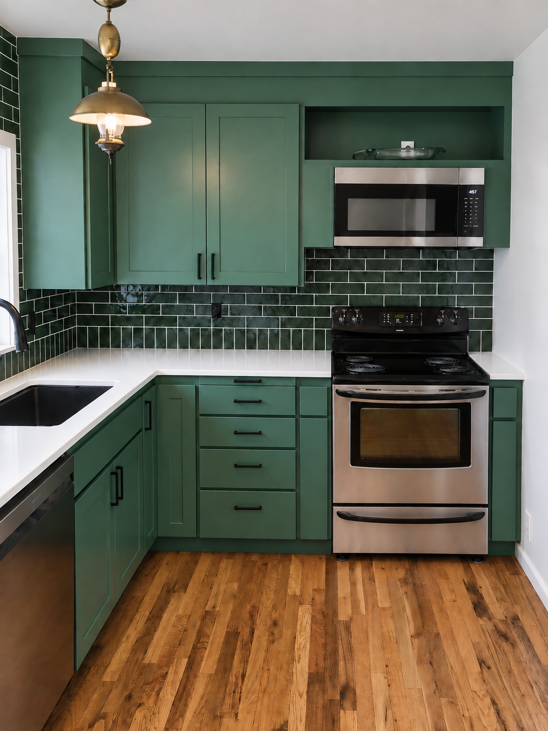 Evergreen kitchen remodel with green cabinetry, black tile backsplash, white countertops, and custom cabinet modifications in Laramie, Wyoming.