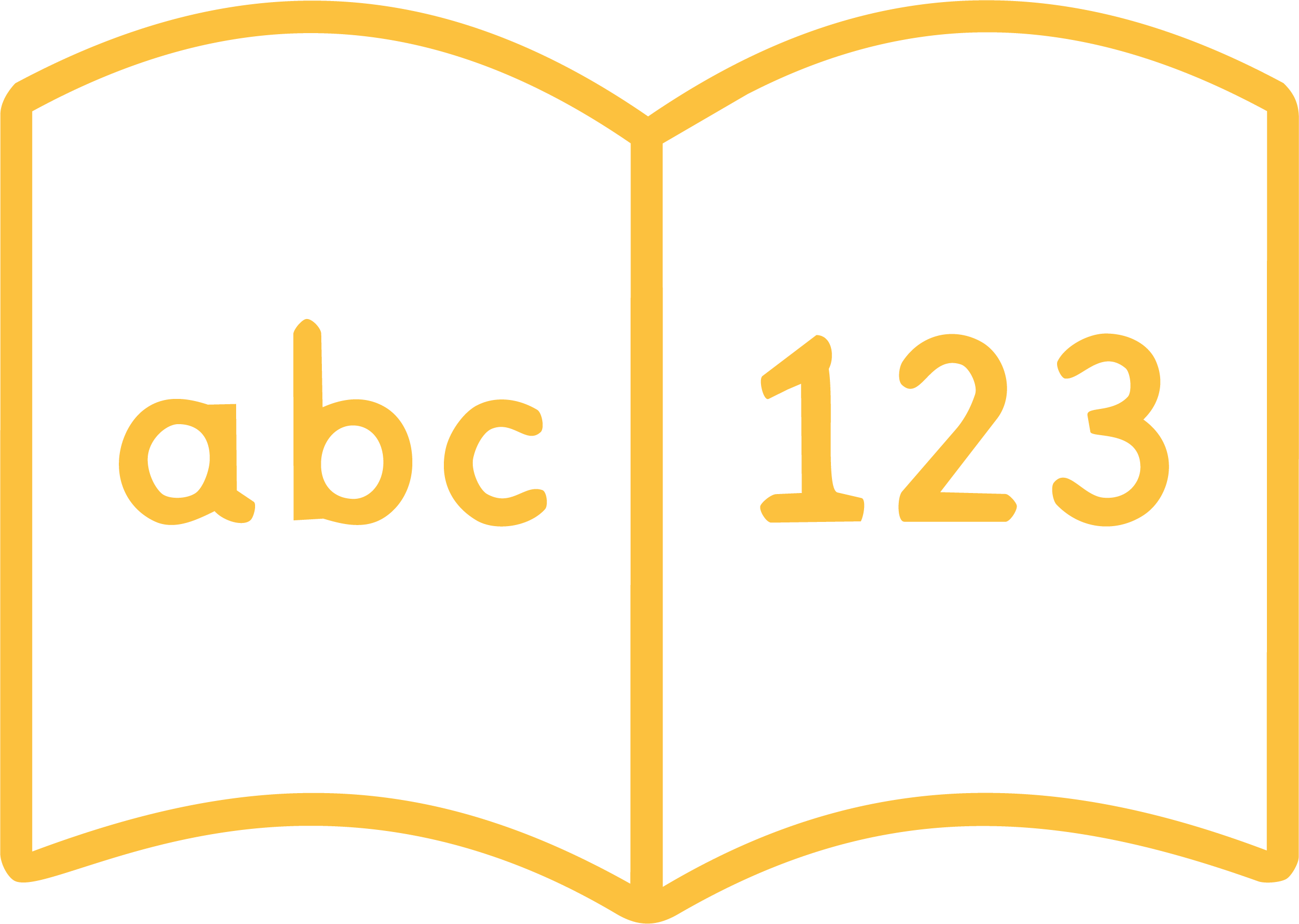 Une illustration d'un livre ouvert avec des lettres de l'alphabet de a à c et des chiffres de 1 à 3, en style scolaire avec un fond jaune et lignes noires.