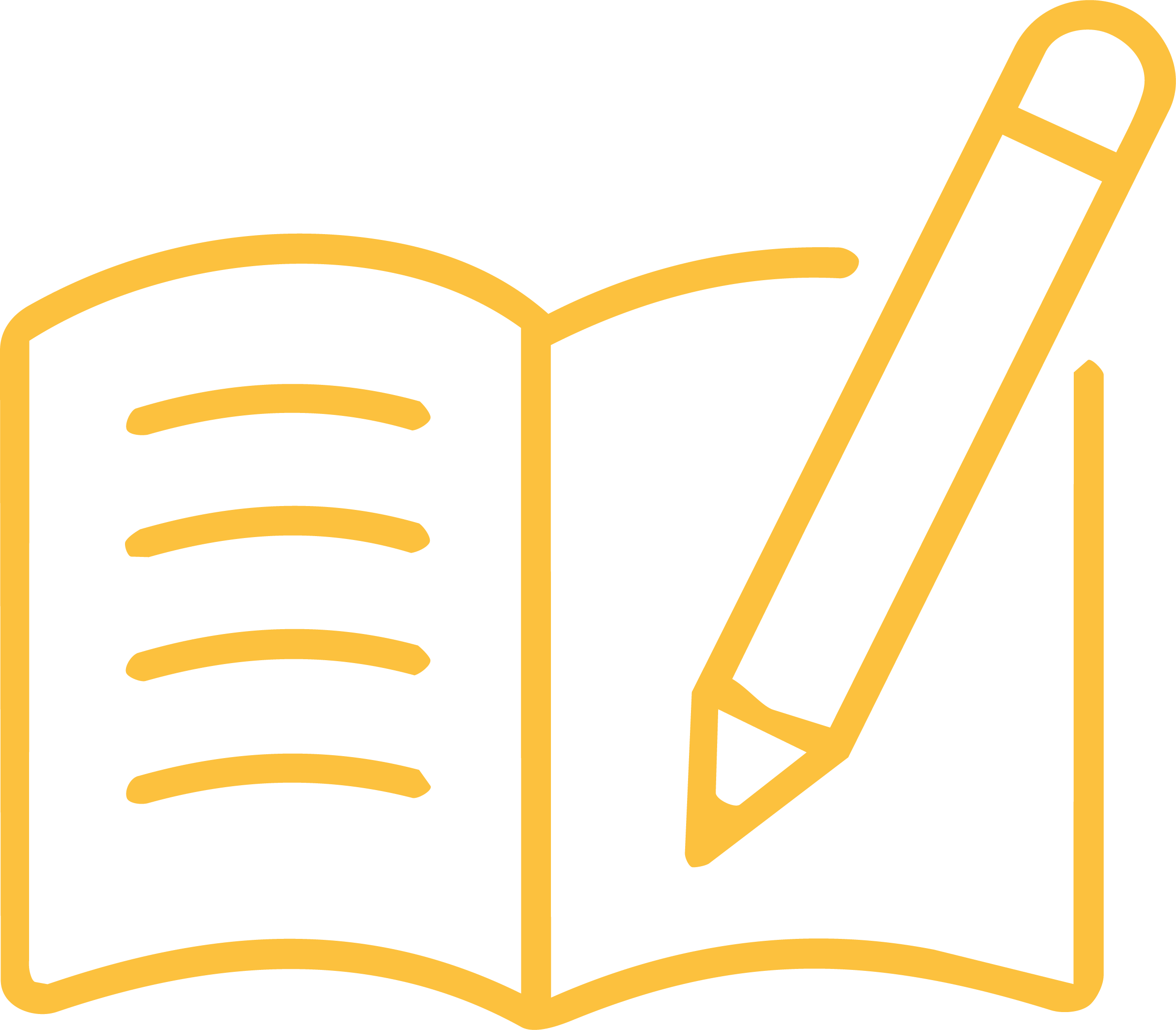 Illustration simple d'un livre ouvert et d'un stylo, de couleur jaune sur fond noir.