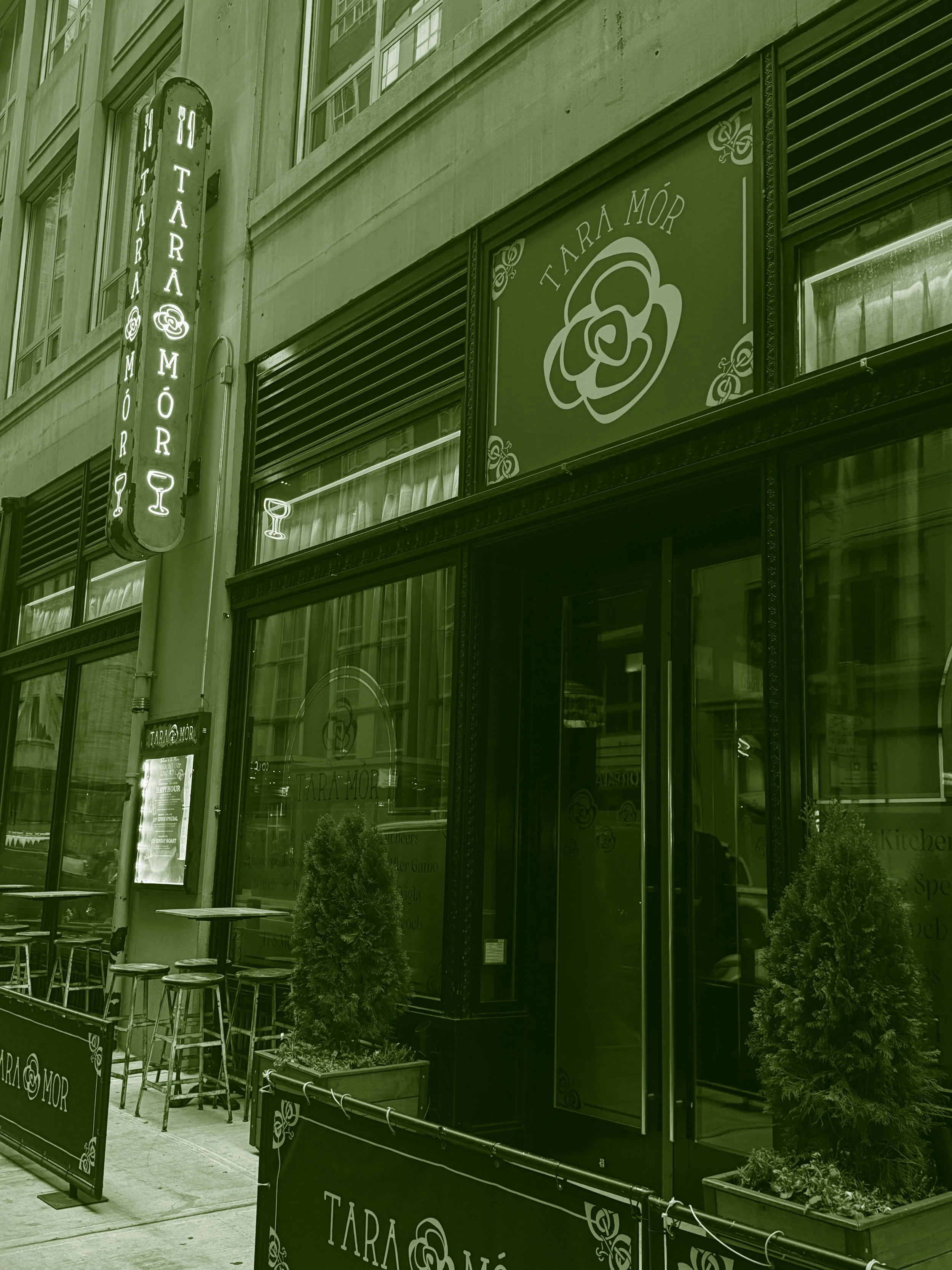 Exterior view of Tara Mór, a restaurant or bar, with a vertical neon sign and a window sign featuring a rose logo, potted plants, and a patio area with chairs and tables outside.