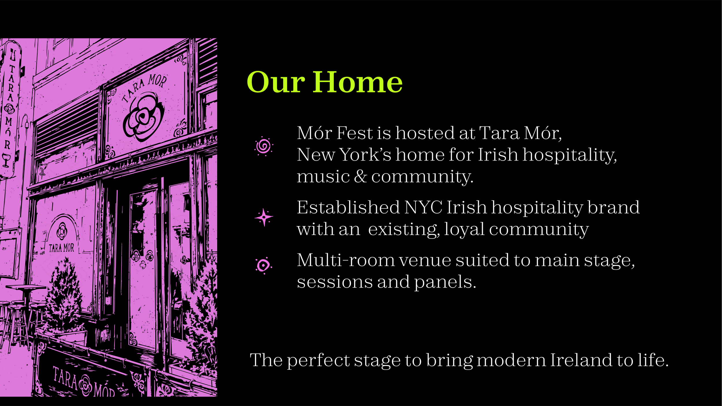 Digital illustration of the exterior of Tara Mór, a venue in New York, with the venue's name on the building and outdoor seating, in purple and black colors.