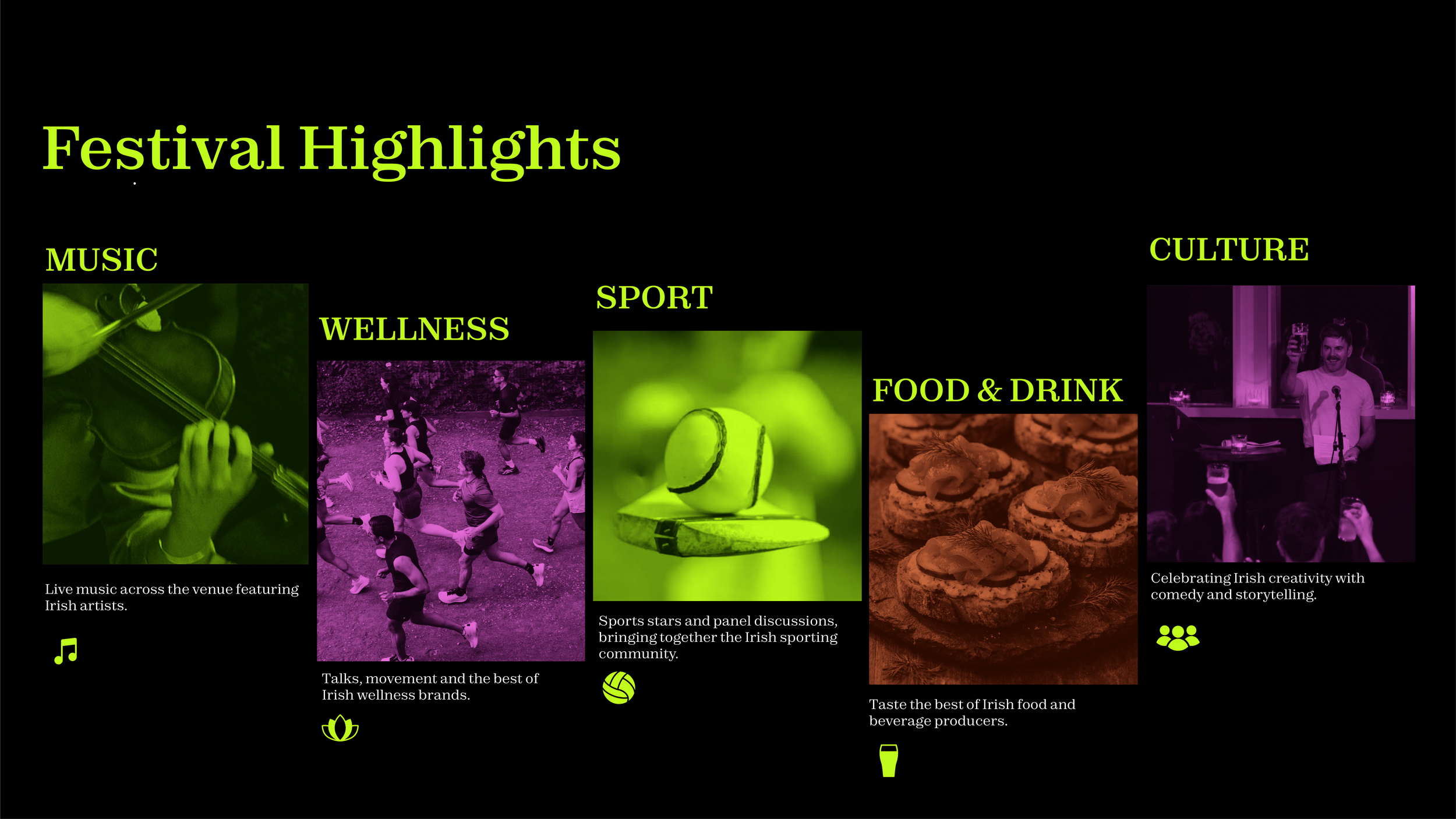 A festival highlights poster with categories including music, wellness, sport, food & drink, and culture, featuring images of a violin player, people running, a tennis ball, snacks, and a speaker at an event.