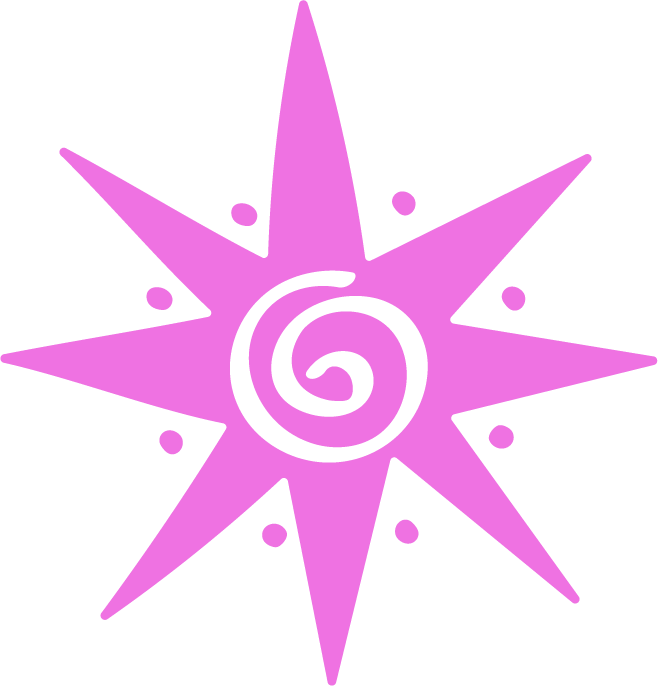 A pink, star-shaped graphic with a spiral at the center and small circles surrounding the star on a black background.