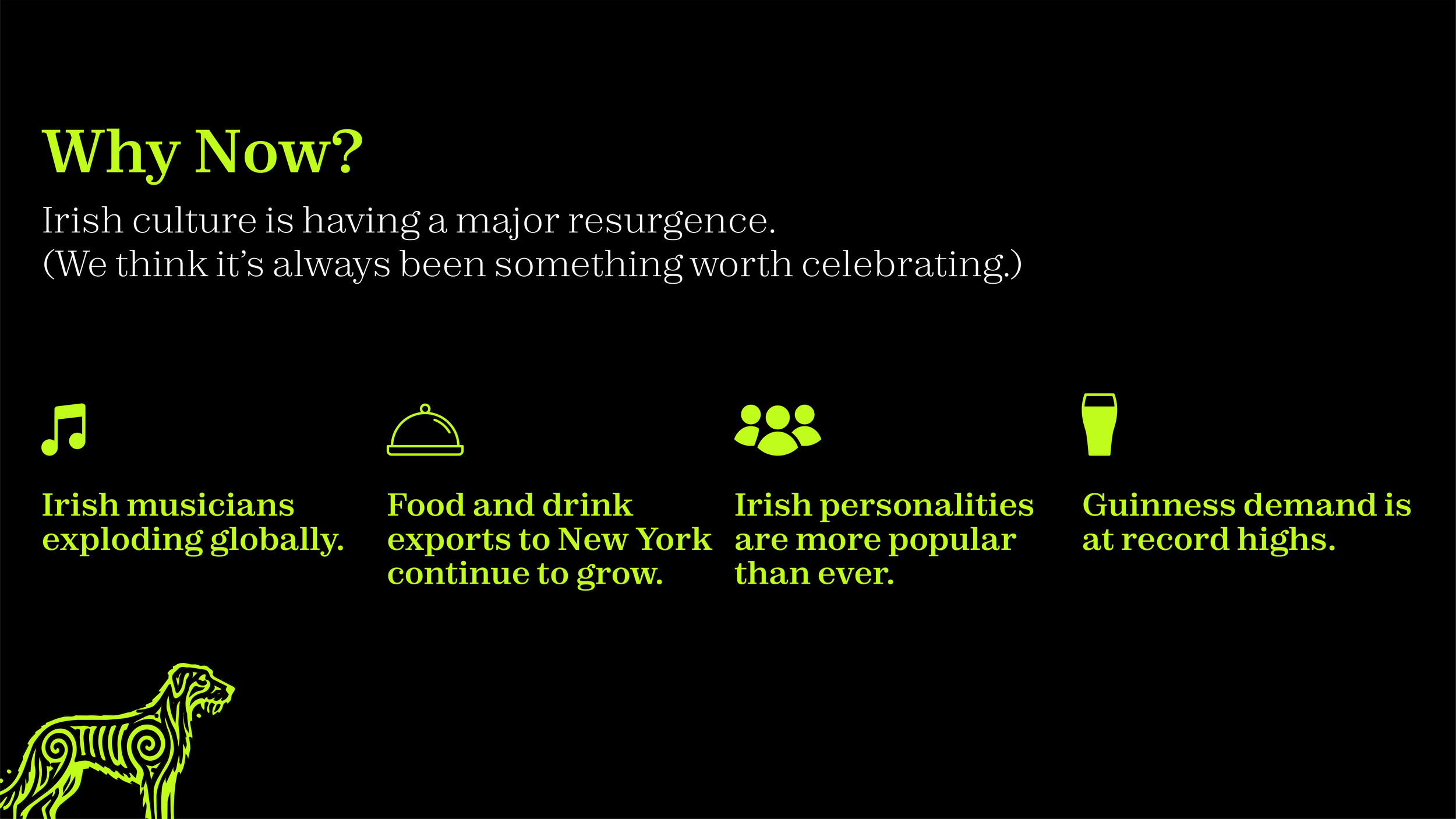Presentation slide with the title Why Now? discussing Irish culture resurgence, featuring icons of music, food, people, and drinks, with text about Irish musicians, exports, popularity, and Guinness demand.