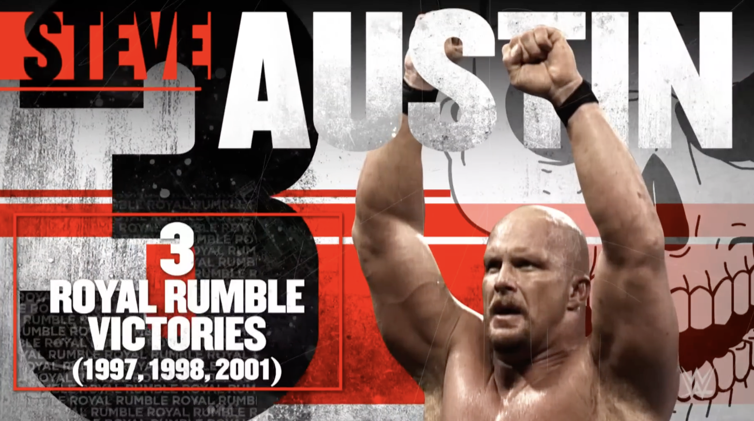 A graphic celebrating The Rock, Dwayne Johnson, with his image, clenched fists, and text highlighting his victories at the Royal Rumble in 1997, 1998, and 2001.