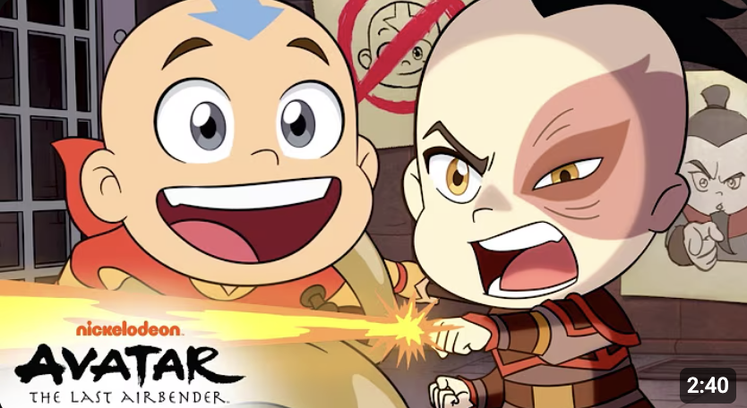 Animated characters from Avatar: The Last Airbender, one smiling and the other with an angry expression, engaged in a confrontation with a burst of energy between them.