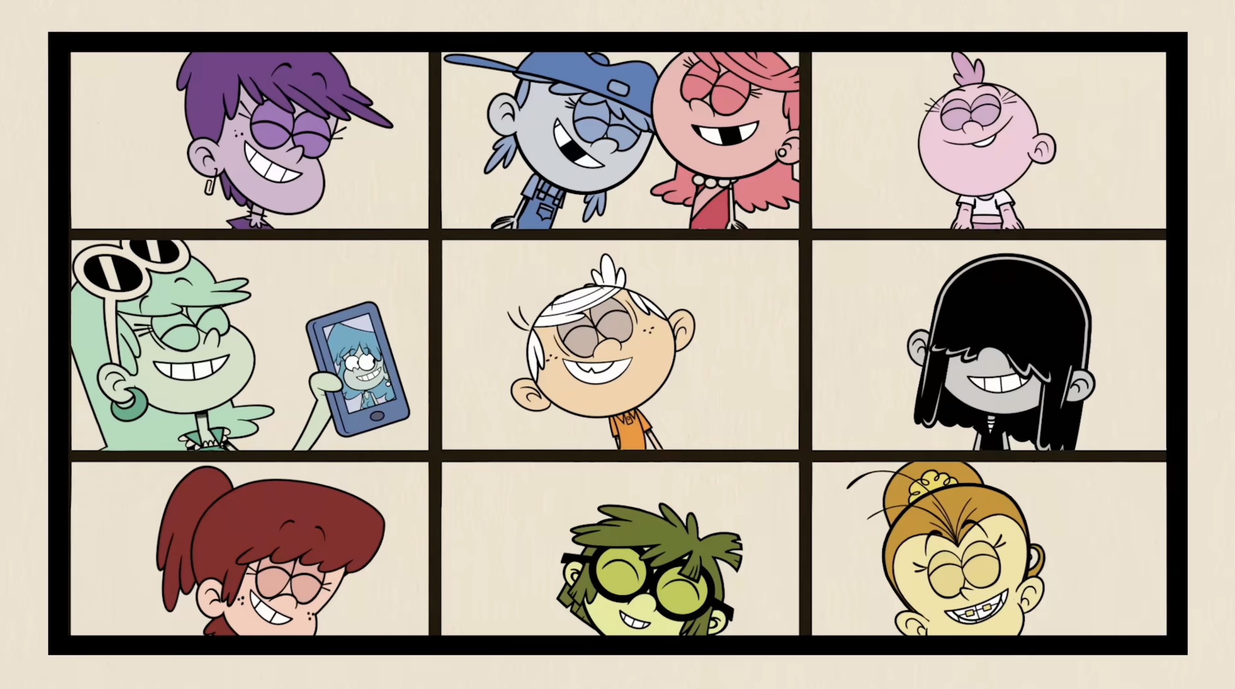 Cartoon characters smiling and taking selfies in a comic strip layout with nine panels.