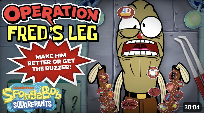 Cartoon character of Fred from SpongeBob SquarePants with various items and tools attached to his body for a game called Operation Fred's Leg, a parody themed around surgery and medical play.