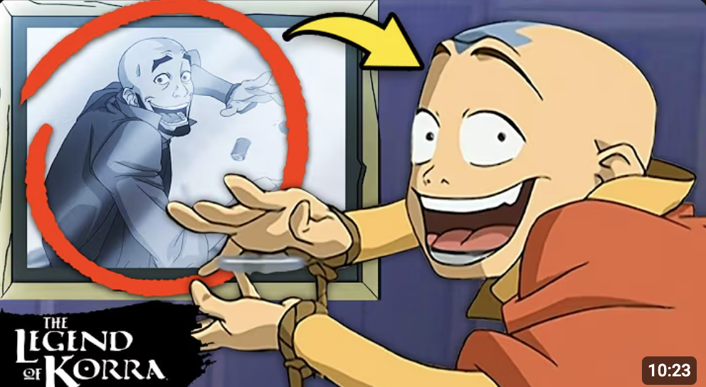 A cartoon character excitedly pointing at a photograph of a person in a hoodie, which is circled in red. The photograph appears to be a police mugshot or a mug shot of a person with short hair, lying on the ground and reaching toward the camera. The text reads 'The Legend of Korra'.