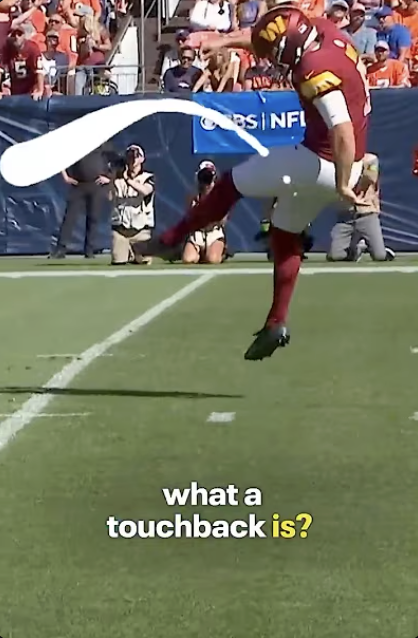 A football player on a field with fans and photographers in the background, with text overlay asking, 'what a touchback is?'