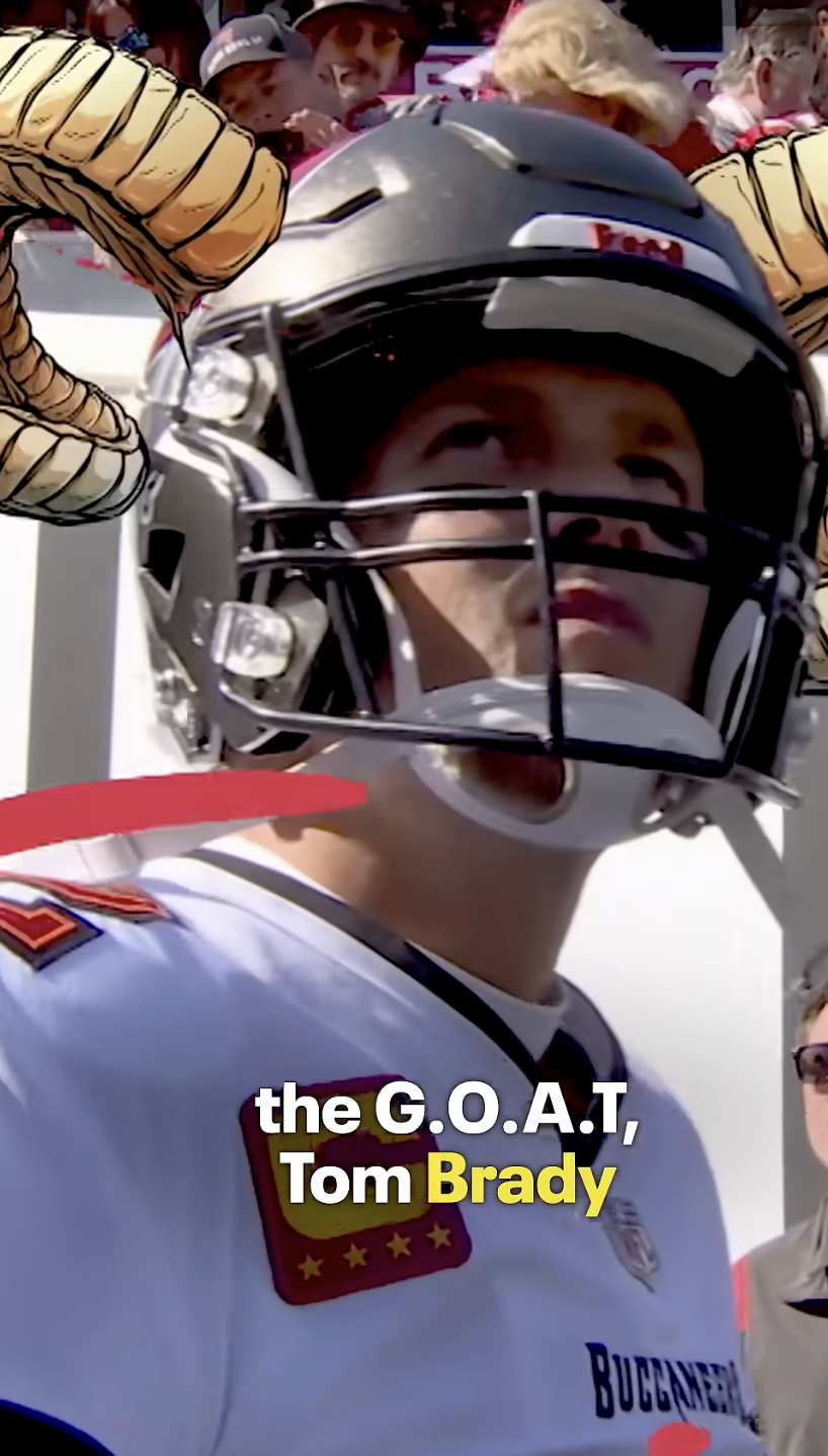 Close-up of a football player wearing a helmet and uniform, with a crowd of spectators in the background. The text on the image reads: "the G.O.A.T, Tom Brady."
