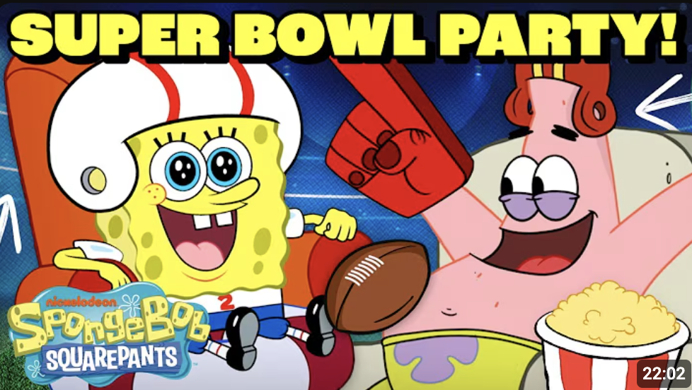 SpongeBob SquarePants and Patrick Star celebrating Super Bowl with football and snacks.