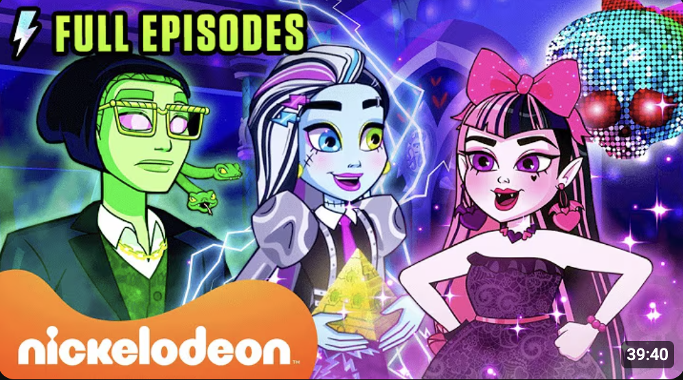 Colorful cartoon characters from a Nickelodeon animated series with a lightning background, including a green-skinned character with black hair and glasses, a white-skinned character with purple and black hair holding a star, and a pink-haired character with elf-like ears and a pink bow. Text overlay says 'Full Episodes'.