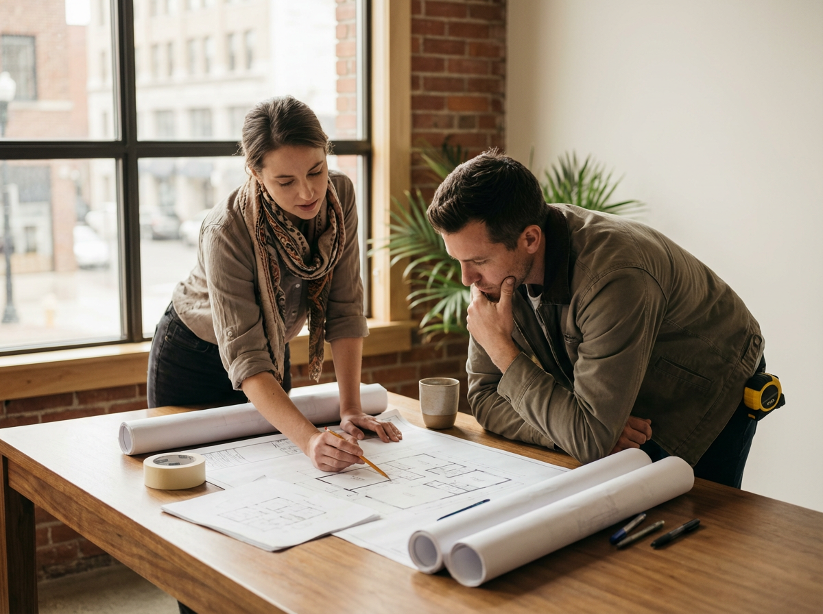Two architects reviewing blueprints at a wooden table in an office with large windows and brick walls.