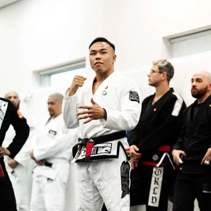 Brazilian Jiu-Jitsu practitioners in a dojo, with one person in the foreground showing a fighting stance and the others standing in the background.