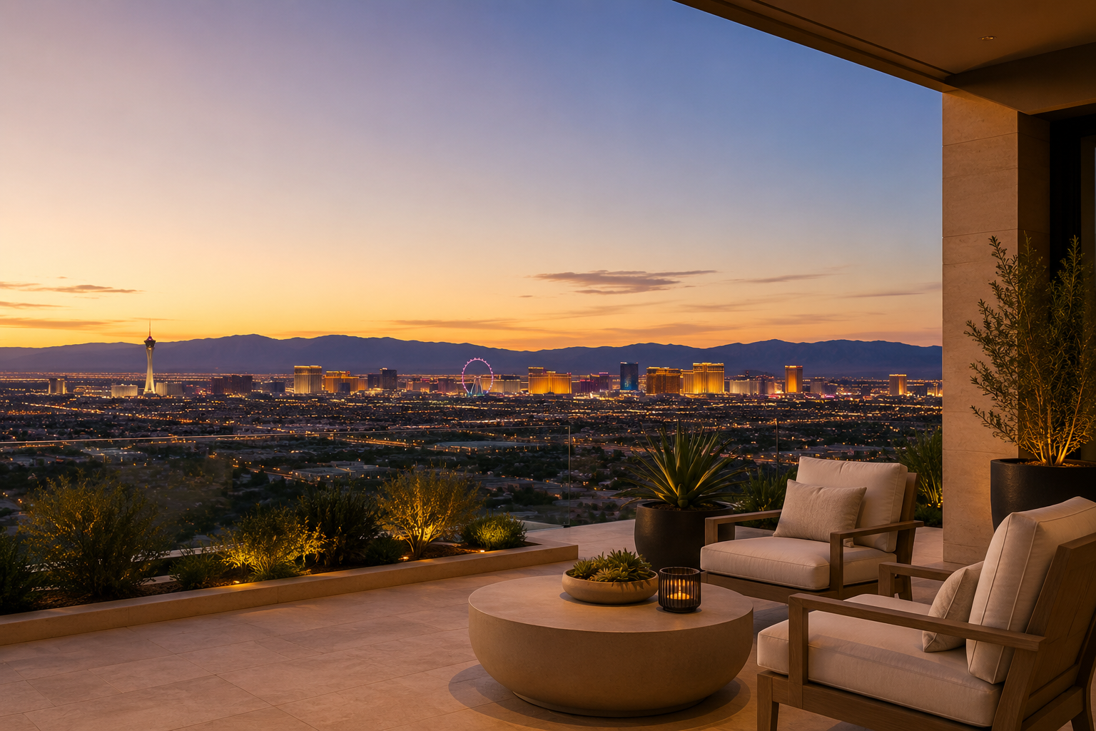 A balcony overlooking a city skyline at sunset with mountains in the background. The balcony has two armchairs, a round coffee table with a candle and a potted plant, and several potted plants along the edge.