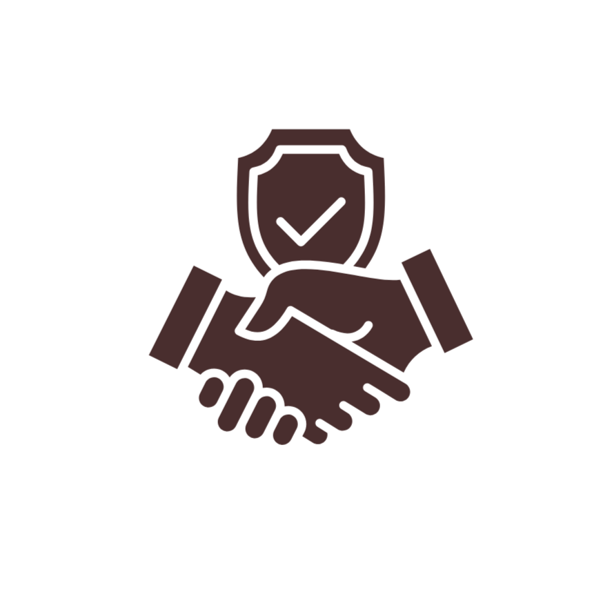 Handshake with a shield featuring a checkmark, symbolizing security and trust.
