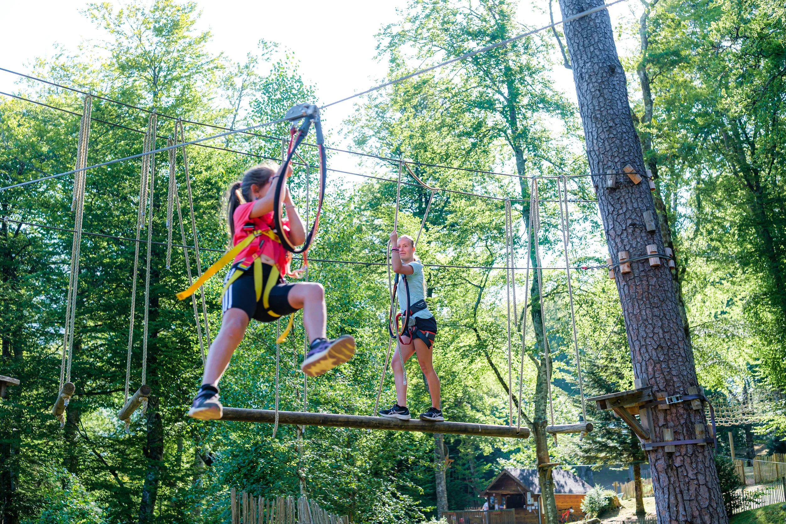 Deux enfants faisant de l'accrobranche dans une forêt, avec des cordes et des plateformes en bois suspendues entre les arbres.
