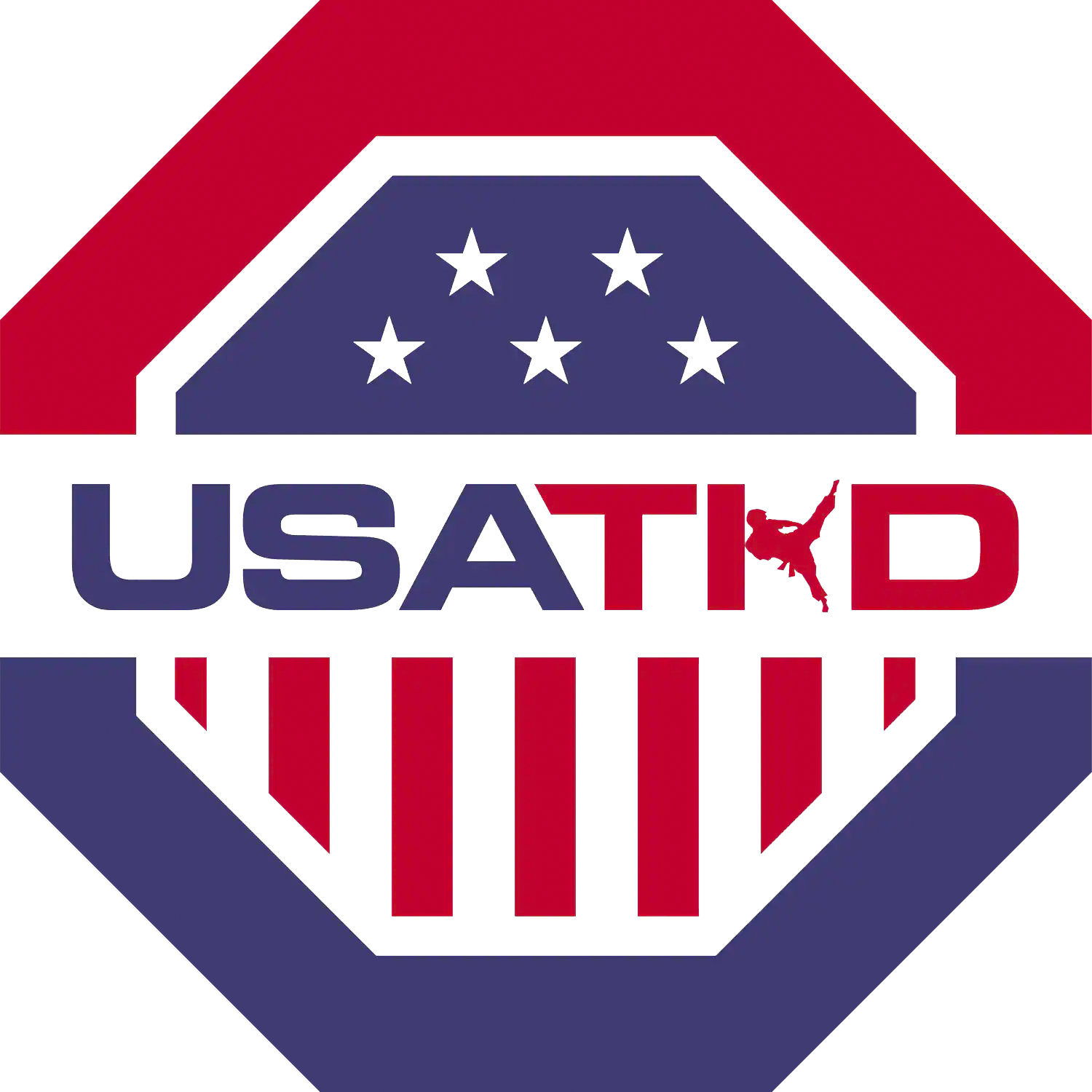 A graphic featuring a logo with an octagonal shape in red, white, and blue colors, with the word 'USA TKD' and an American flag motif and a silhouette of a taekwondo martial artist on the 'D'