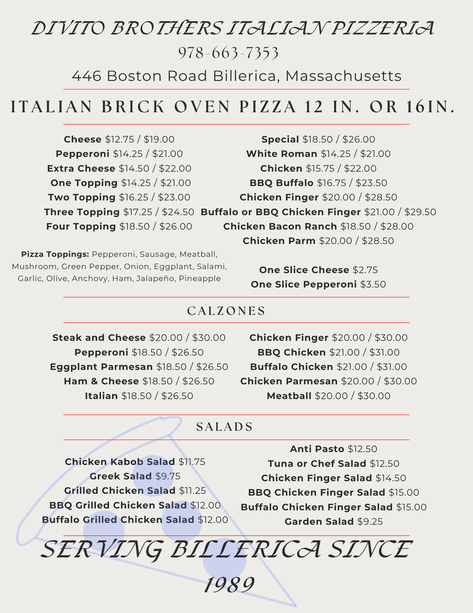 Restaurant menu for Divito Brothers Italian Pizzeria, located at 446 Boston Road Billerica, Massachusetts. The menu features various pizza, calzones, and salad options with prices.
