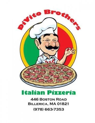 Logo for Davito Brothers Italian Pizzeria featuring a cartoon chef with a mustache holding a pizza, with the restaurant's address and phone number below.