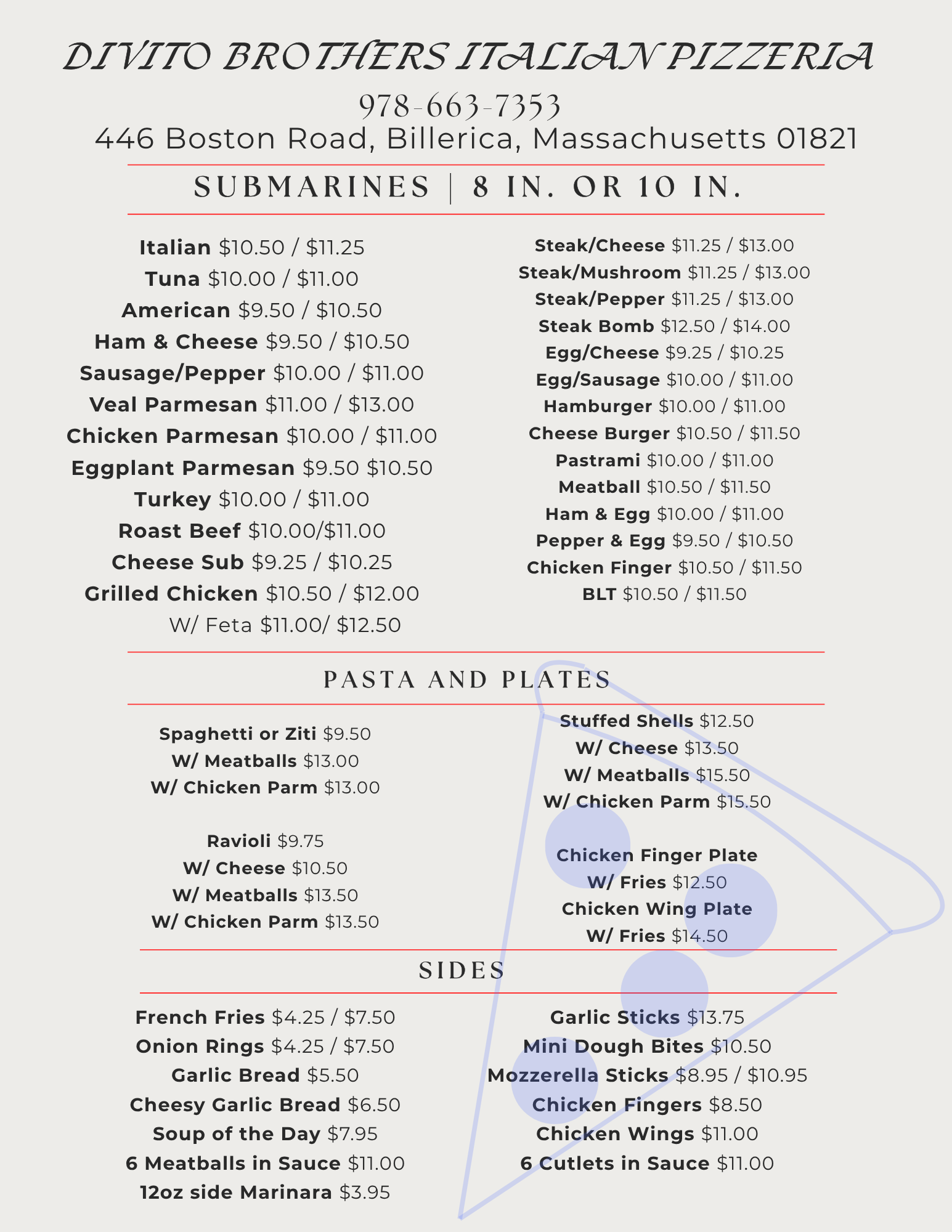 Menu for Divito Brothers Italian Pizzeria, listing phone number, address, and various food options including subs, pasta, plates, and sides with prices.