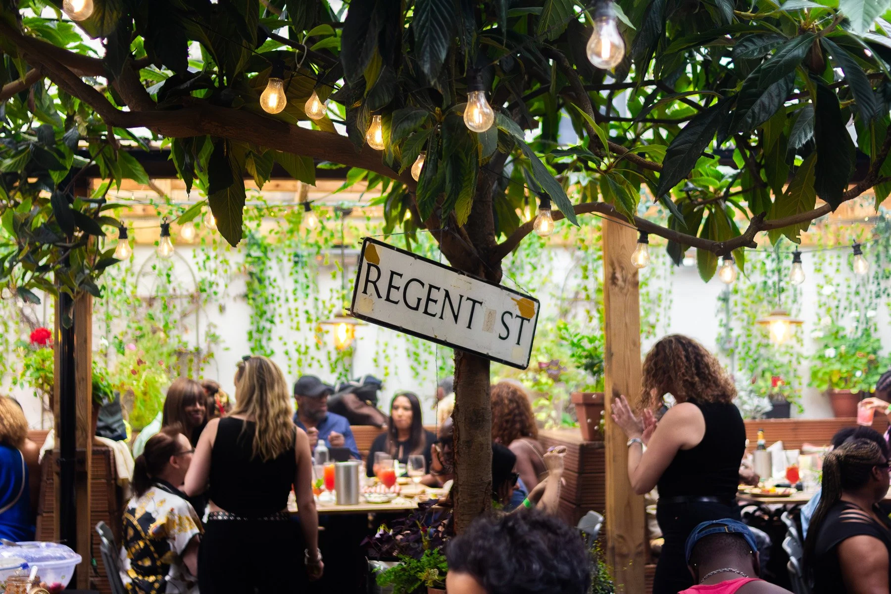 A gathering of people in an outdoor space decorated with string lights and greenery, with a sign reading 'Regen Street' hanging from a tree.