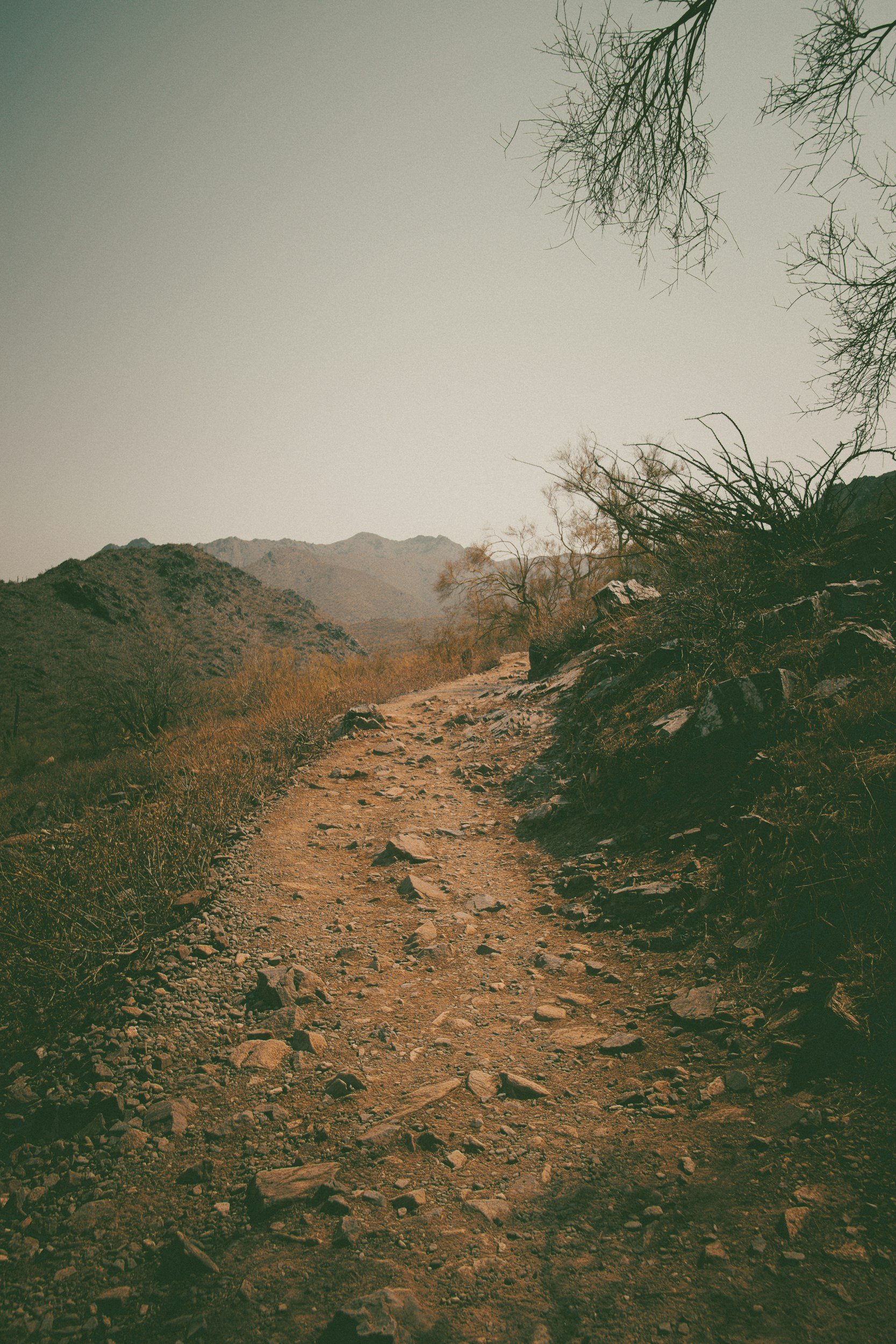 Dirt hiking trail stretching into the distance through a dry, desert landscape with hills and sparse vegetation, viewed from ground level with a clear sky overhead.