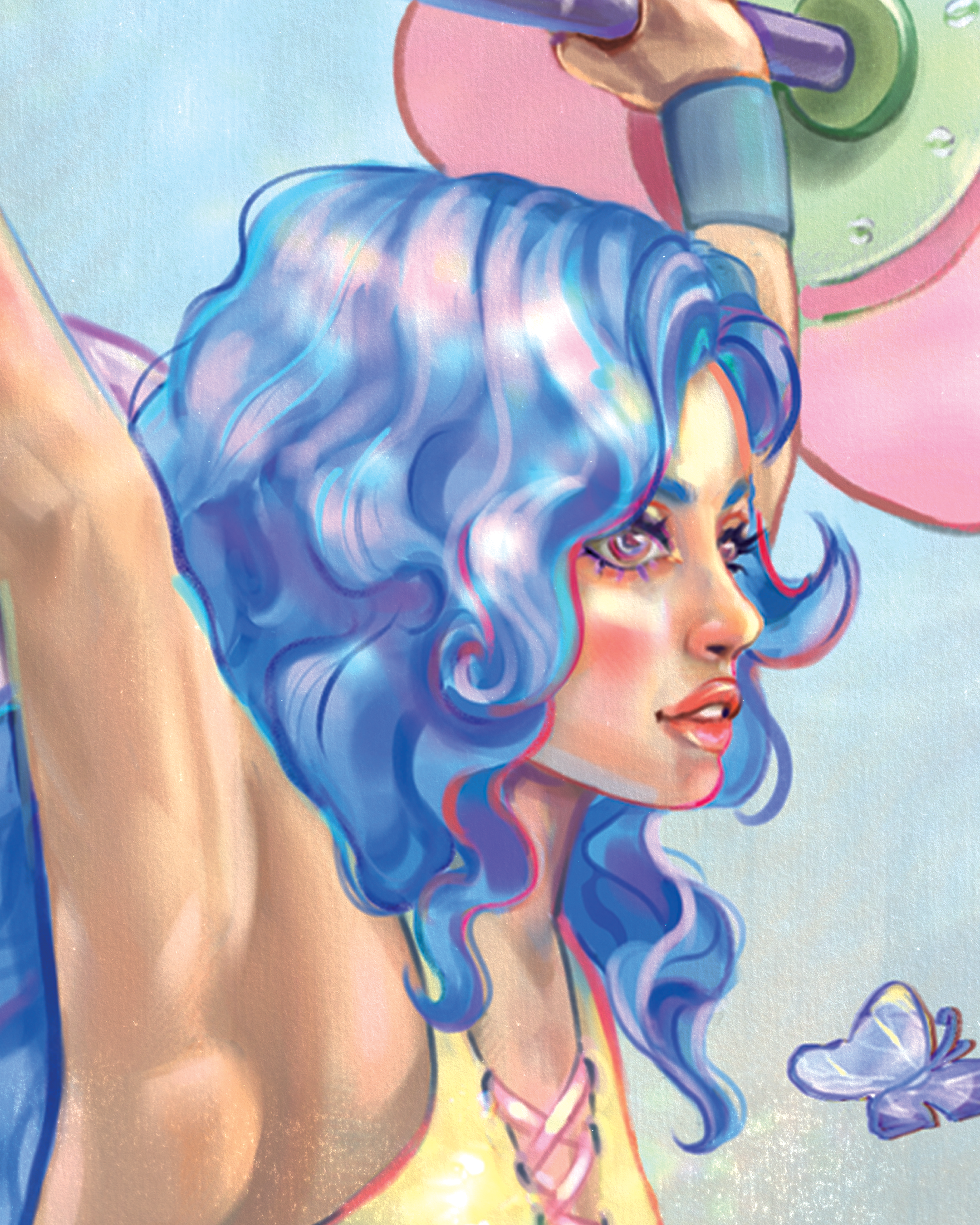 A colorful digital illustration of a fairy with blue and purple hair, with part of her face visible, looking to the right.