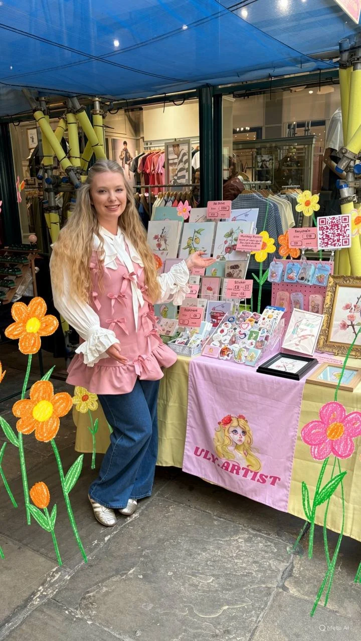 A young woman with long blonde hair, wearing a pink apron over a white blouse and blue jeans, stands in front of a colorful arts and crafts booth with drawings, jewelry, and crafts displayed on pink and yellow tablecloths. She is pointing to the items on the table and smiling. The booth has cartoon flower and girl illustrations, and is set up in an indoor market or mall with racks of clothes and yellow pipes visible in the background. The scene is decorated with hand-drawn flowers around the photo.