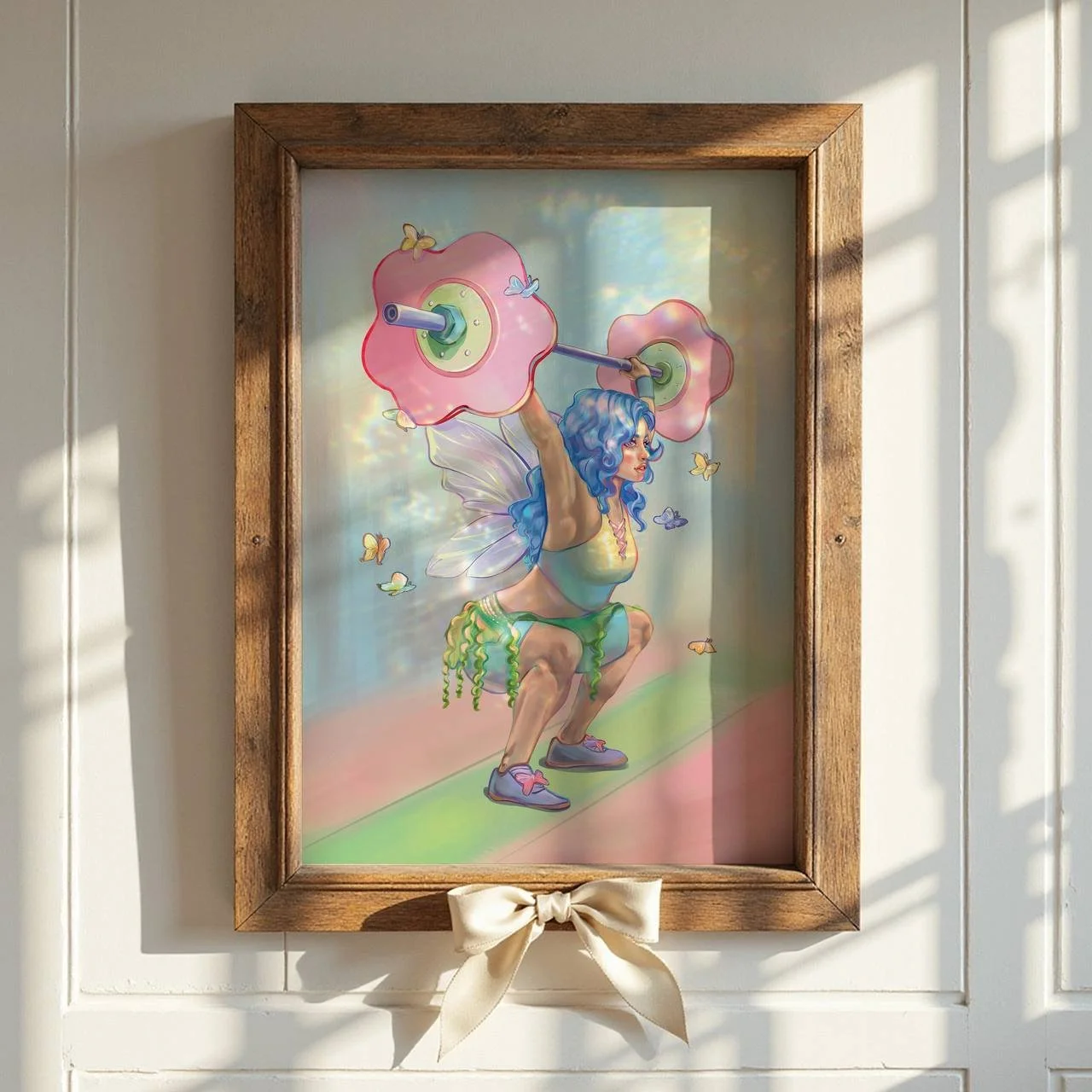 A fantasy-style painting of a fairy with blue hair, fairy wings, and a beige top, crouching while lifting a barbell with pink flower-shaped weights. The background features a colorful sky with butterflies flying around, all framed in a wood frame with a cream-colored bow at the bottom.