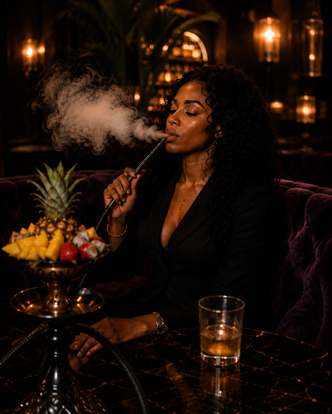 A woman with curly black hair sitting on a purple velvet couch in a dimly lit lounge, smoking a hookah. There is a metal bowl of tropical fruit including pineapple, strawberries, and mango on the table in front of her, and a glass of a golden drink beside it. Soft warm lighting is seen in the background.