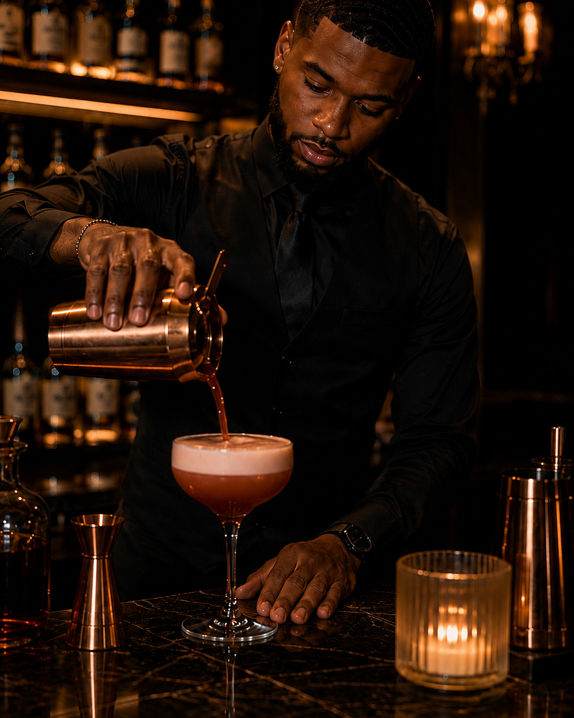 A bartender pouring a cocktail into a glass at a dimly lit bar, surrounded by bar tools and bottles.
