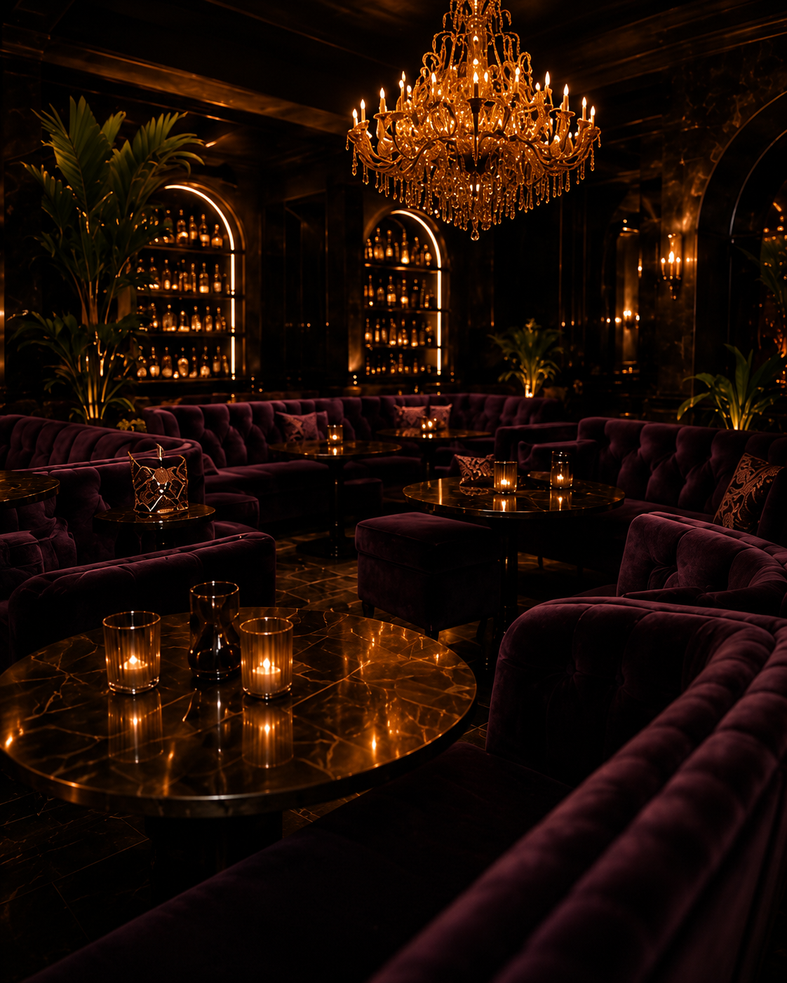 Elegant lounge with purple velvet seating, gold marble tables, candlelight, a grand chandelier, large potted plants, and illuminated shelves with bottles.