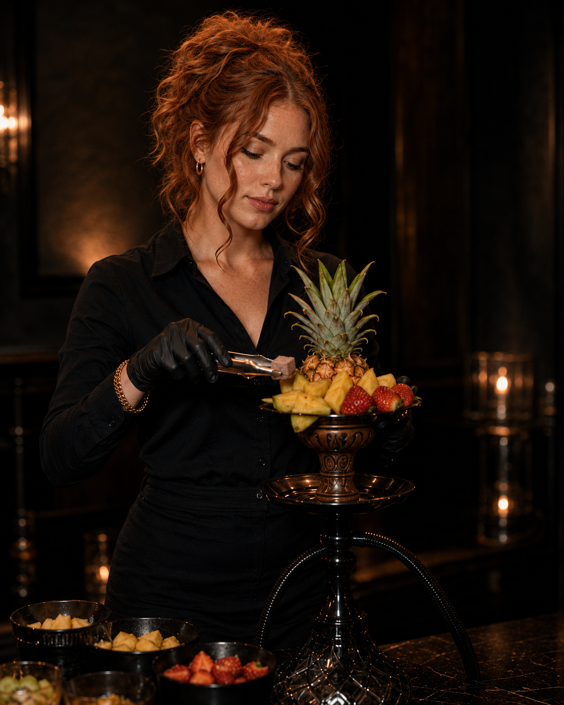 A woman with curly red hair and wearinBlack shirt and black gloves is arranging a fruit display with a pineapple, strawberries, and other fruits on a decorative stand.