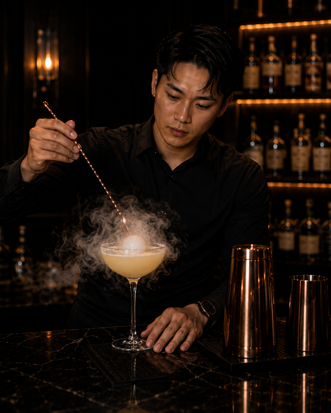 A bartender is preparing a cocktail with dry ice, creating a smoky effect, in a dark bar setting with shelves of liquor bottles in the background.
