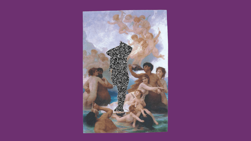 A classical painting of nude children and cherubs, with a black-and-white patterned silhouette of a woman in the center, standing among them.