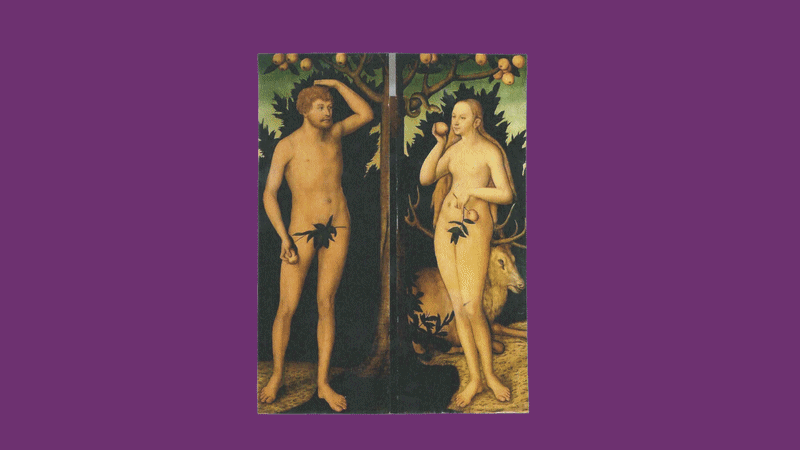 A painting depicting Adam and Eve in the Garden of Eden, with Adam on the left and Eve on the right, surrounded by trees and fruit.