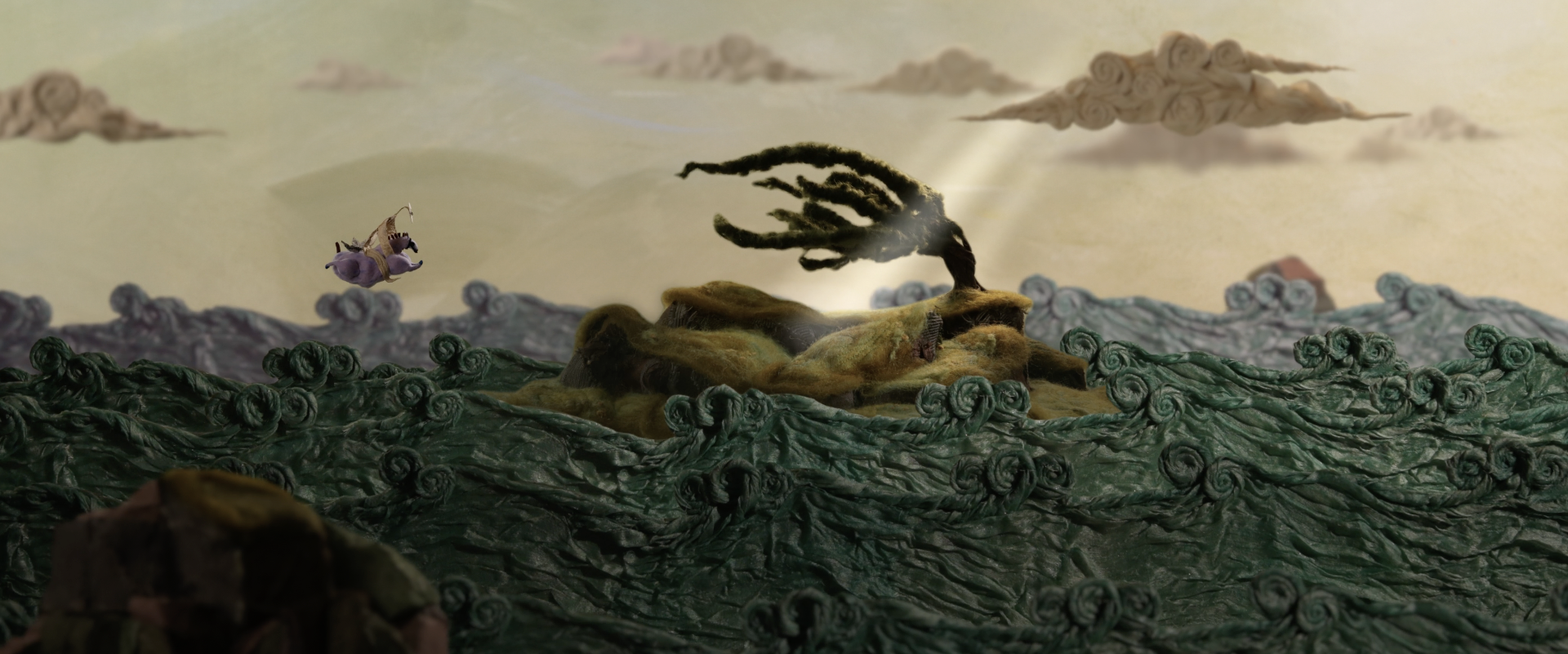 A scene in a stop-motion animated style featuring a stylized landscape with a twisted, barren tree on a rocky hill, surrounded by swirling green clouds. The background shows a pastel-colored sky with soft clouds and a distant house.