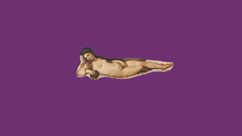 A vintage painting of a reclining woman set against a purple background.