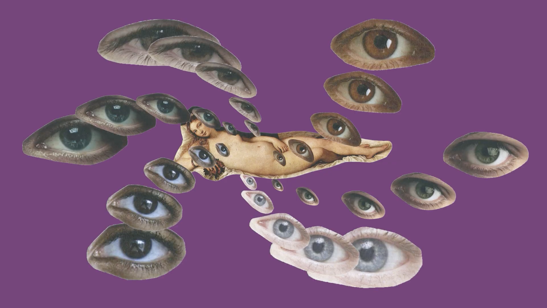 Collage artwork featuring a reclining nude woman with multiple eyes and peeled eye images around her on a purple background.