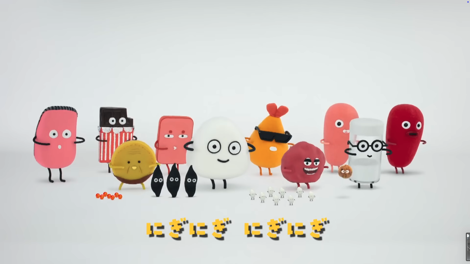 Animated characters resembling different types of food and objects, such as sushi, ramen, popcorn, and candies, with diverse facial expressions and accessories, standing in a group on a white background.