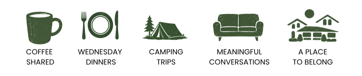 A stylized illustration of a cozy living room scene with a mug, a camera, a teepee, pine trees, a sofa, and children's toys.