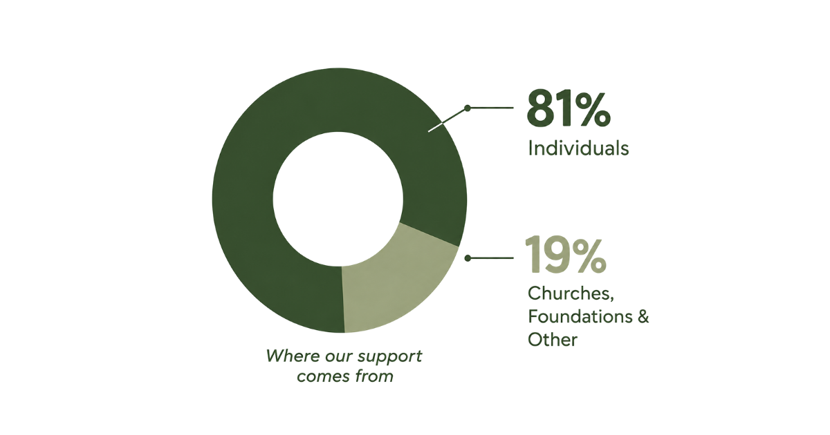Pie chart showing the distribution of support sources for a cause. 81% from individuals, 19% from churches, foundations, and other.