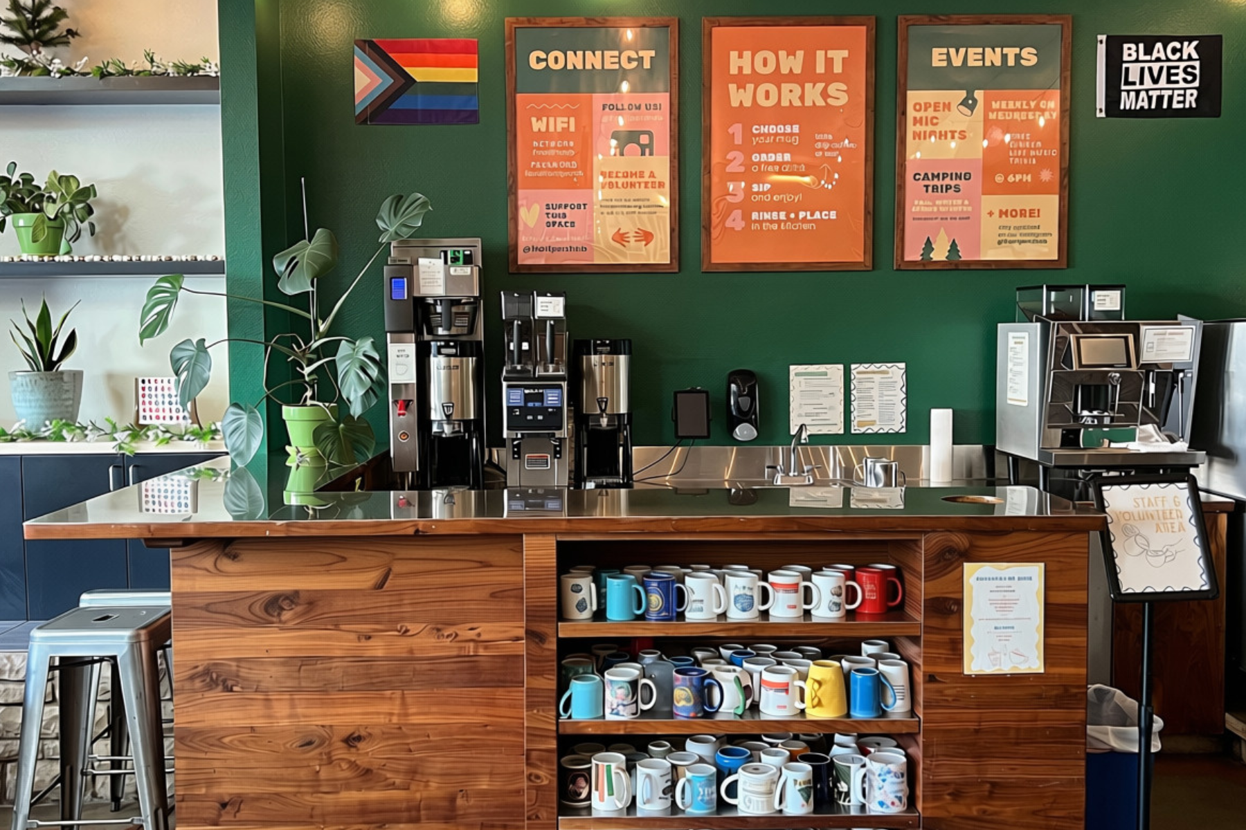 Coffee station with various brewing equipment, colorful cups on shelves, and informational signs on a green wall, including a Black Lives Matter sign.