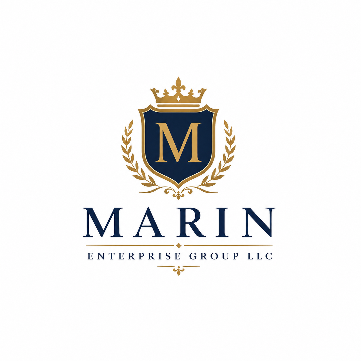 Marin Enterprise Group LLC logo featuring a navy blue shield with a gold letter M, surrounded by gold laurel branches and topped with a gold crown, with the company name below in navy blue.